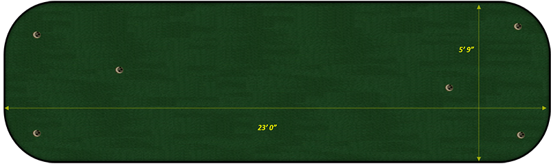 Green putting mat with measurements on a green background