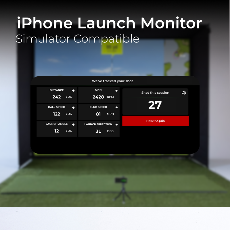 Phone launch monitor with sports analytics on a screen, suitable for simulator use.