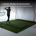 Golfer practicing in a golf simulator with a netted enclosure. HIghlighting use for left and right handed golfers