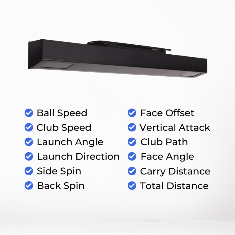 Black golf simulator with performance metrics on a white background