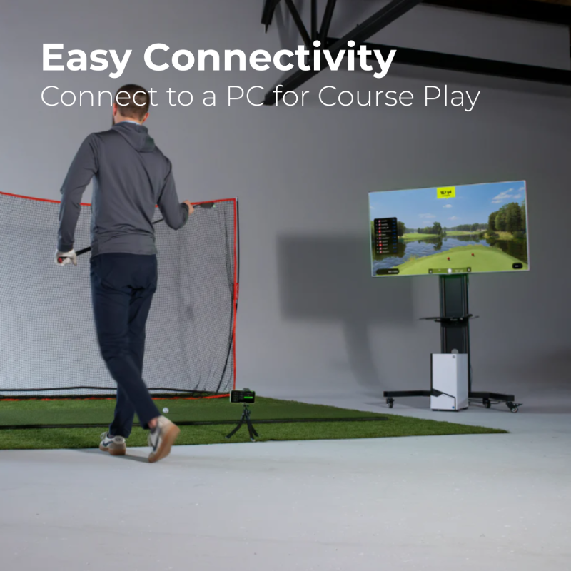 Person using the RSG Mobile with a tv and net. Text highlights 'Easy Connectivity Connect to a PC for Course Play' on a screen.