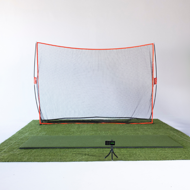 Golf practice net with RSG mobile simulator setup and a green mat on a white background