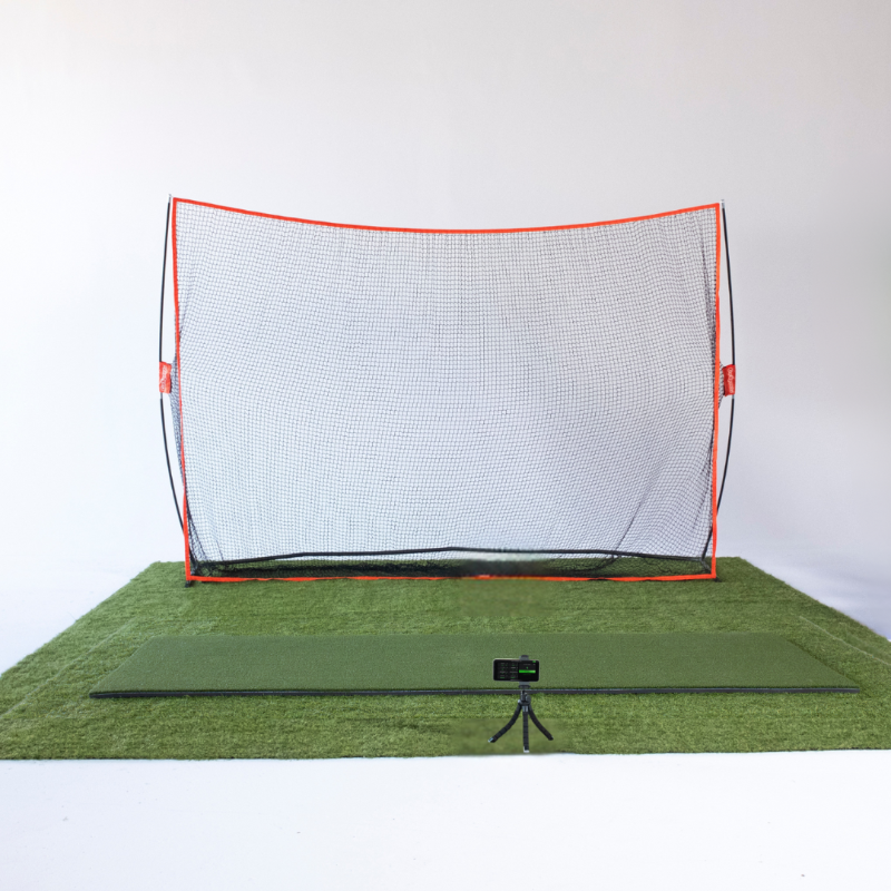Golf practice net with RSG mobile simulator setup and a green mat on a white background