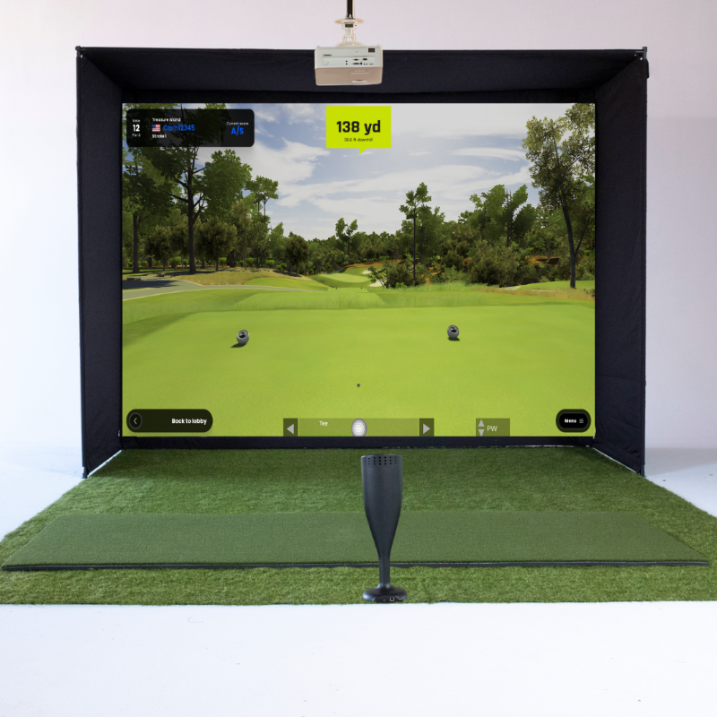 RSG One Studio Bundle 4K including golf simulator setup with screen, simbay, greens and overhead projector.