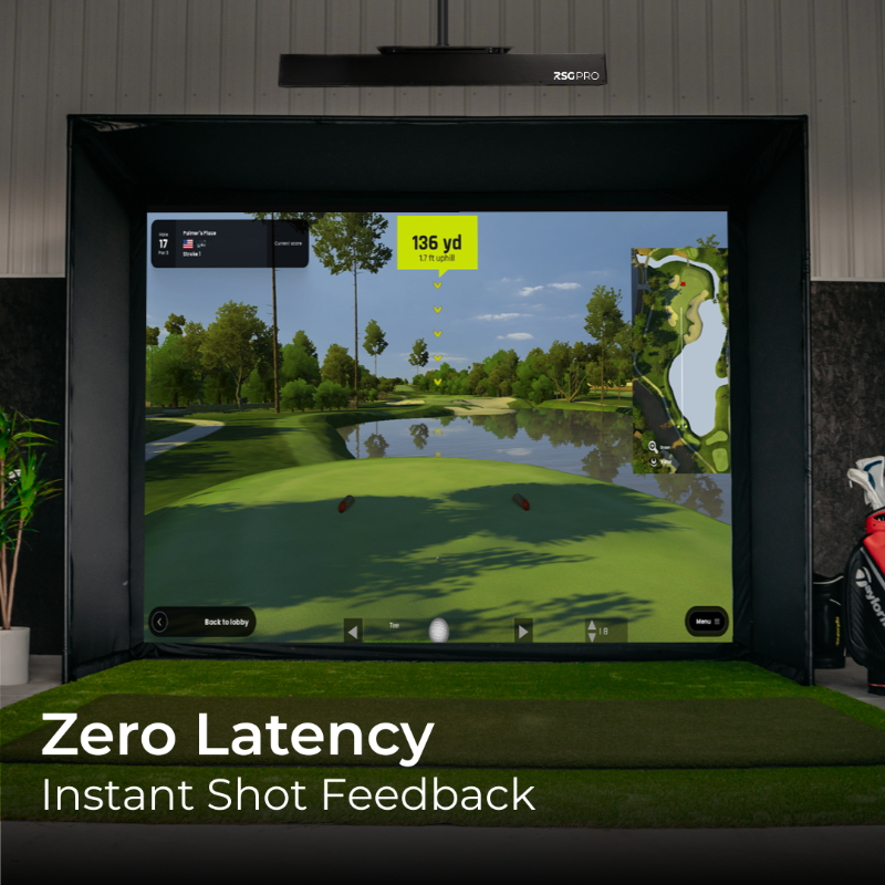 RSG Pro Golf simulator setup with screen displaying a golf course, surrounded by golf clubs and equipment.