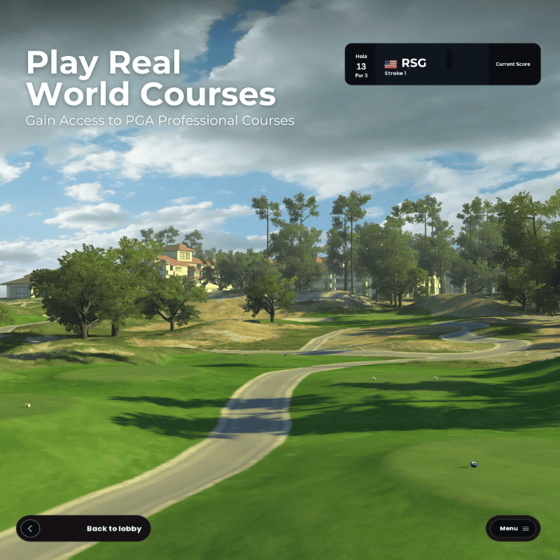 Screenshot of RSG software showing golf course with trees and sky, promoting access to PGA professional courses.