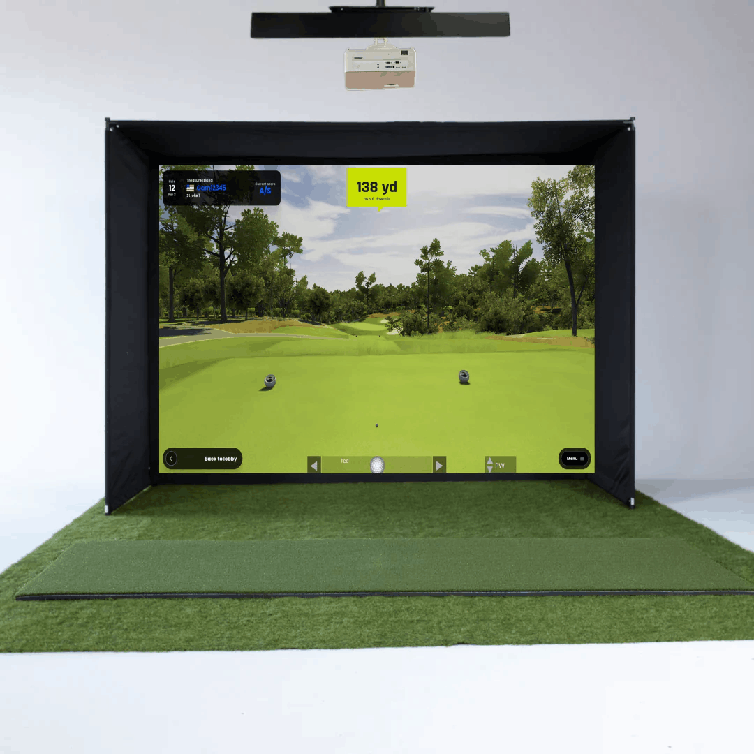 Red Stakes Golf RSG Pro Golf Simulator Studio Bundle 4K setup with golf simulator, greens, simulator bay with screen and overhead proector