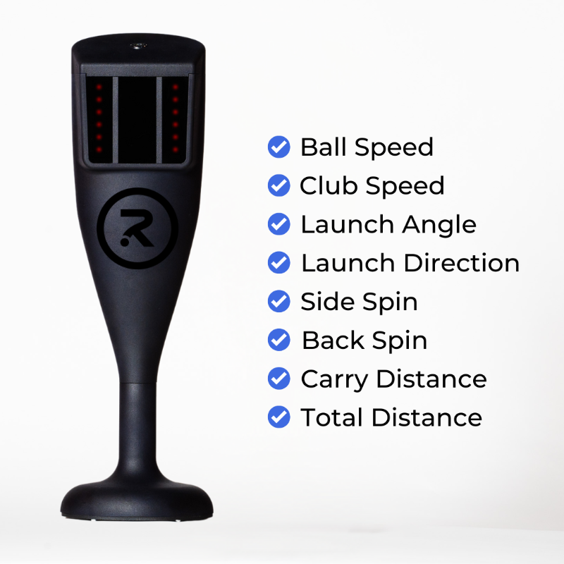 RSG ONE golf launch monitor with features listed on a white background