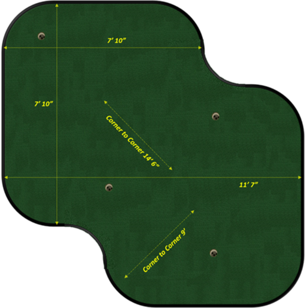 Sawgrass Model putting green with measurements on a white background