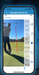 Phone screen displaying a golf swing analysis app with a golfer and measurement tools on a blue background.