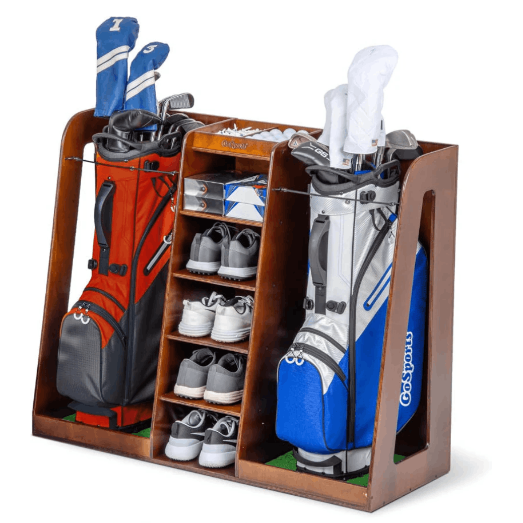 GoSports Premium Wooden Golf Bag Organizer and Storage Rack — Brown Finish (2-Bag)