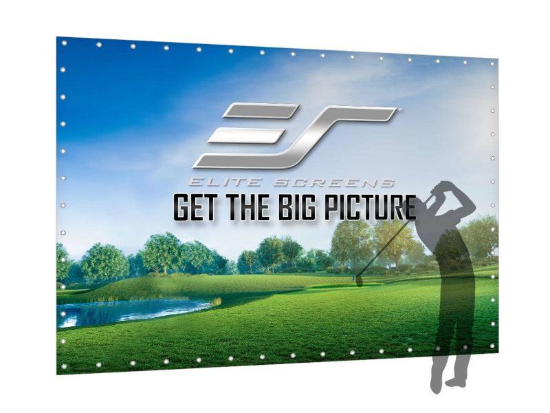 Elite Screens outdoor screen with a golf scene and brand logo