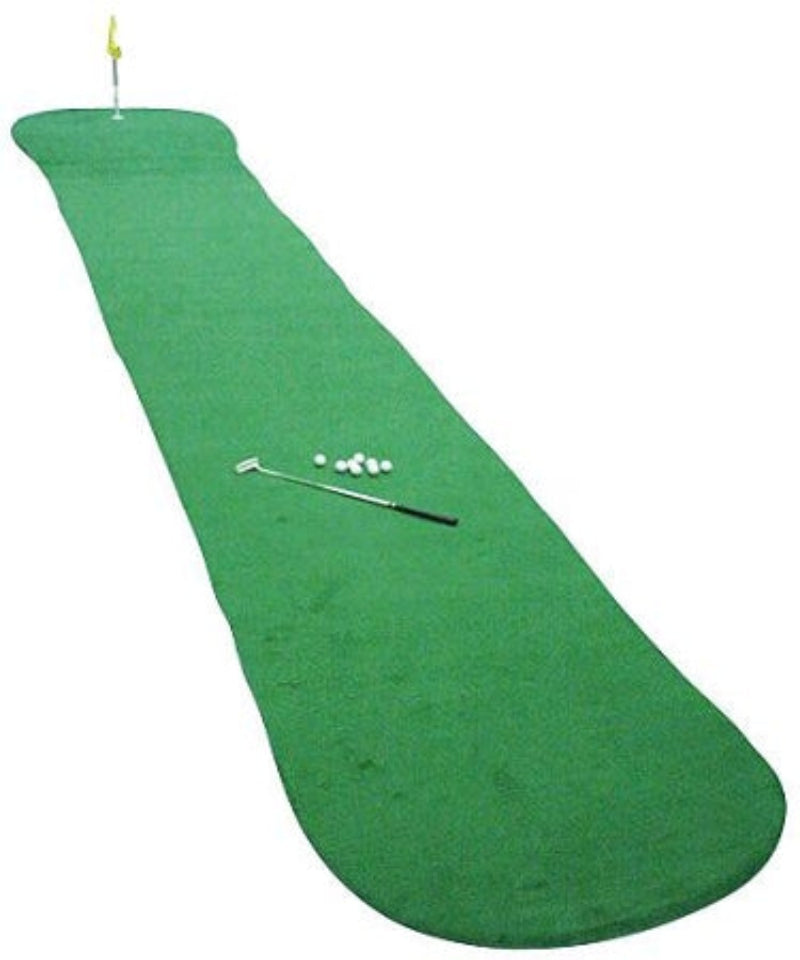 Green golf putting mat with a putter and balls on a white background