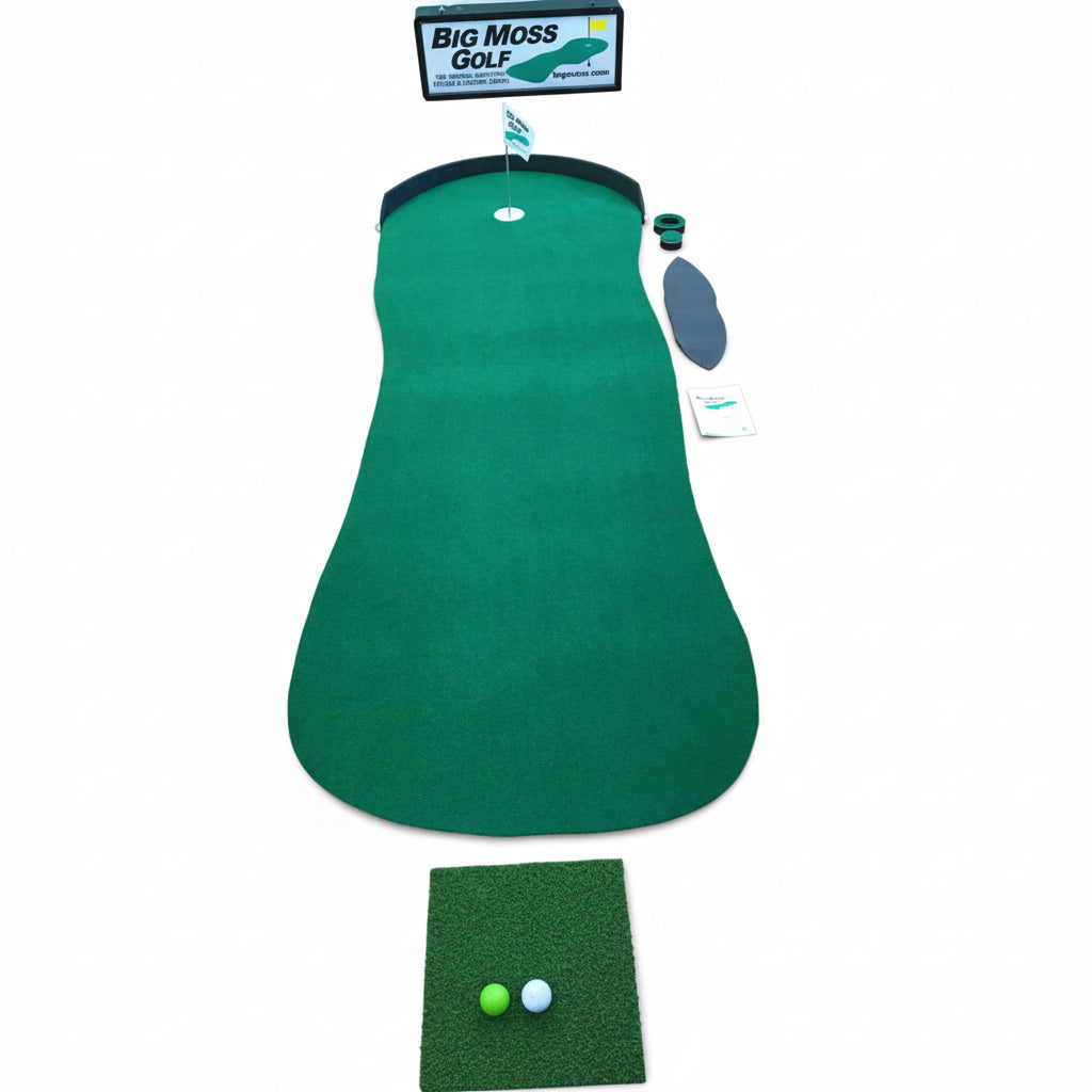 Green golf practice mat on a wooden floor with golf balls and accessories.