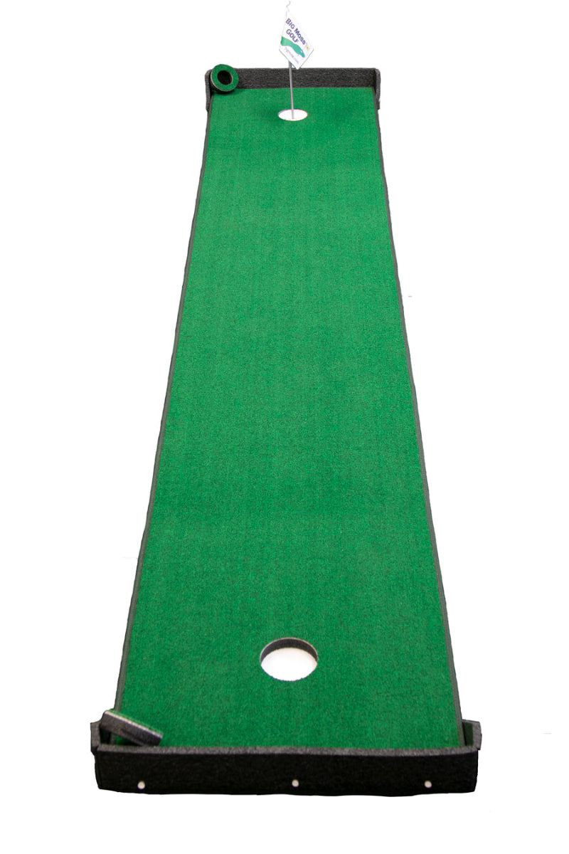 Green golf practice mat with black border on a white background