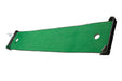 Green golf putting mat with black border on a white background