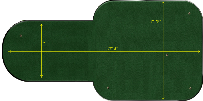 Green putting mat with measurements on a white background